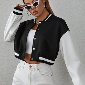 New Drop Shoulder Two Tone Crop Bomber Jacket Black and White 226